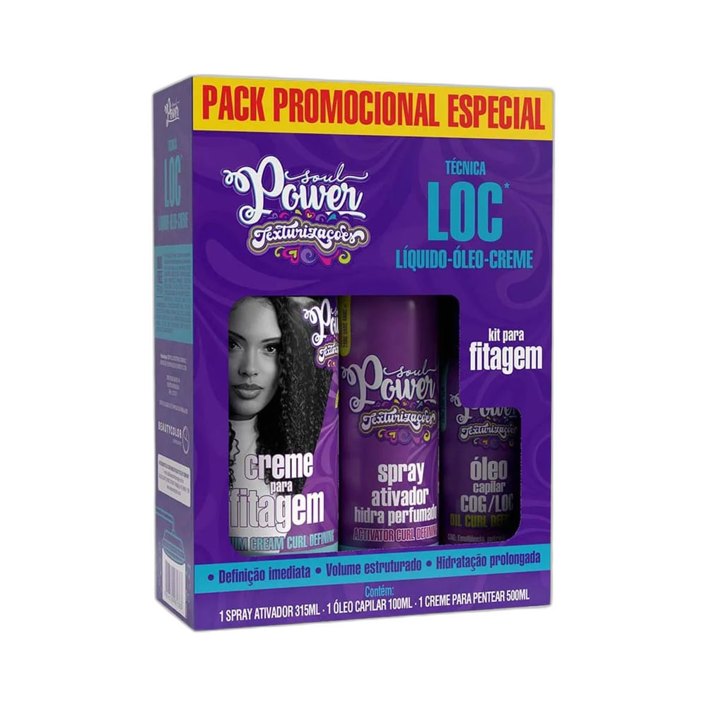 Imagem frontal do Kit Soul Power Técnica LOC com creme para fitagem, óleo capilar e spray fixador